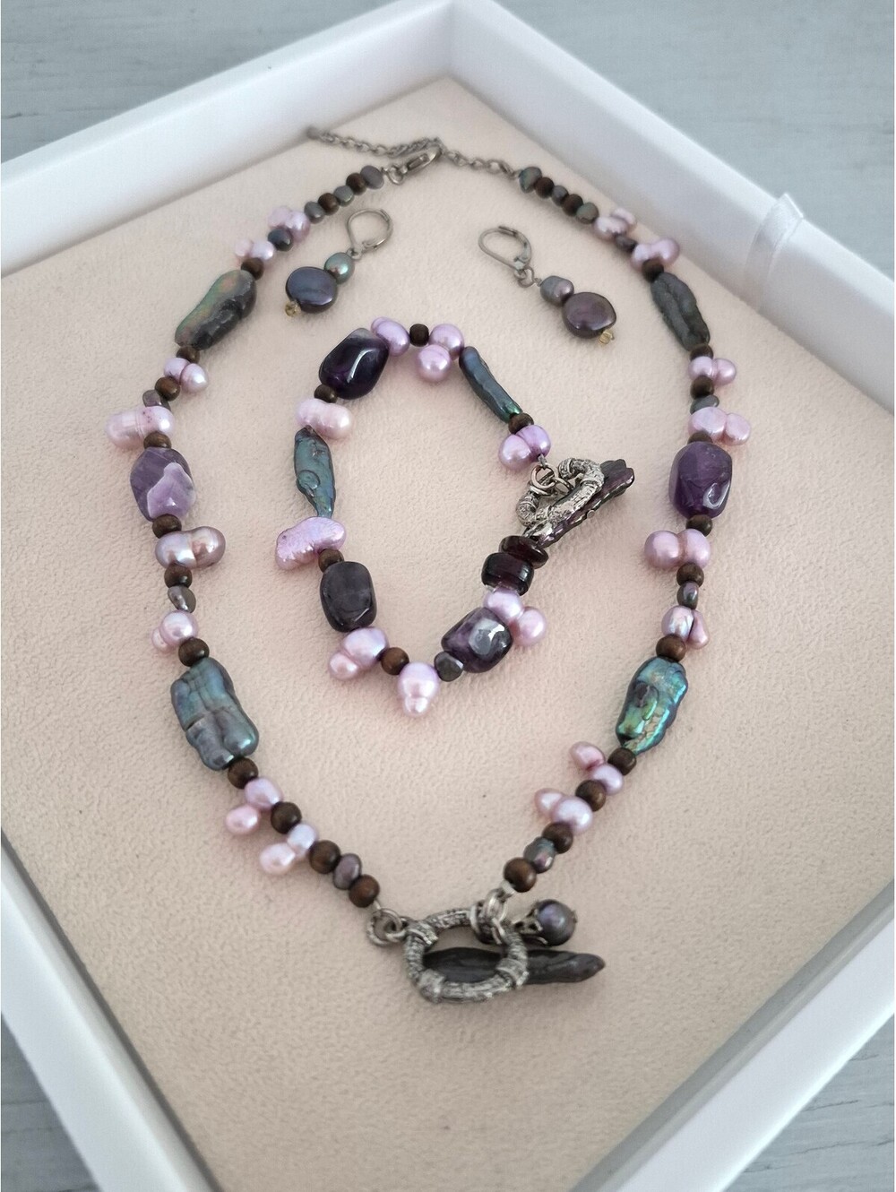 Long Biwa & Dark Petal Genuine Freshwater Pearl Necklace Earring & Bracelet Set